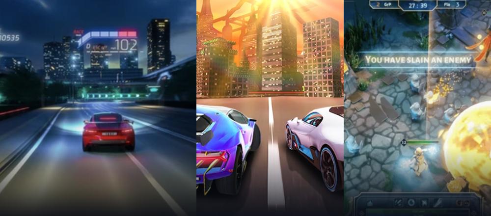 Screens from racing, strategy and puzzle games playing on a phone